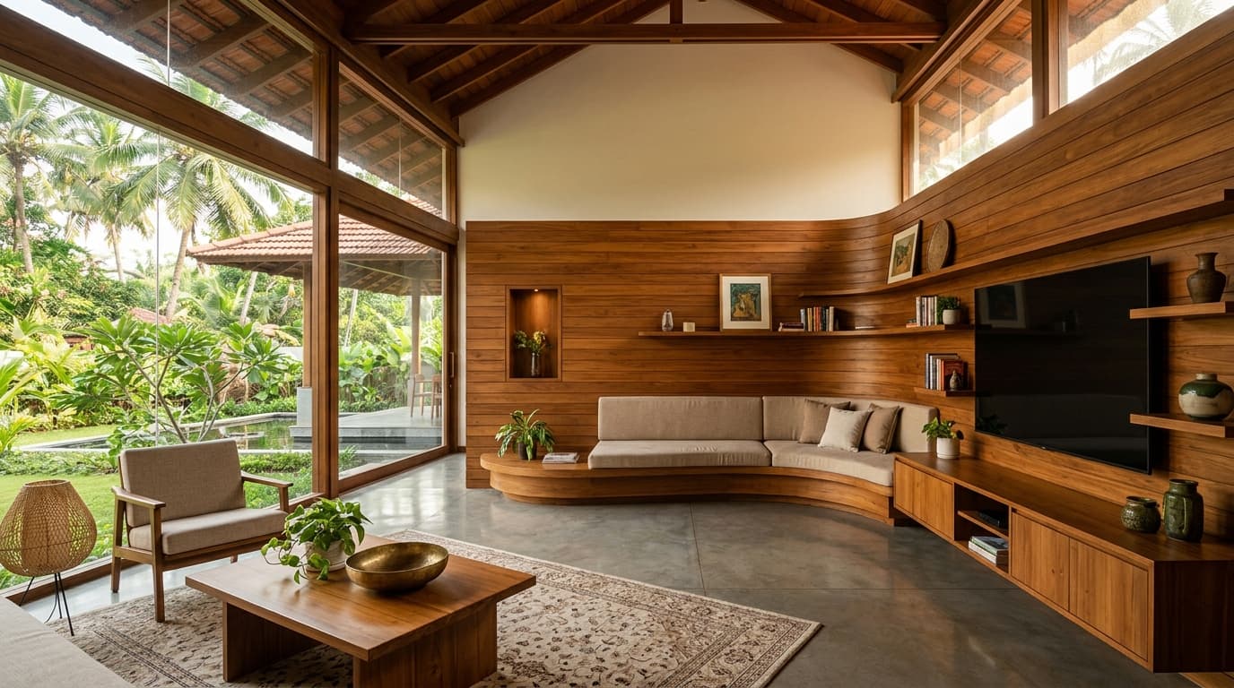 Bespoke custom-designed teak wood furniture in an architect-designed South Indian home