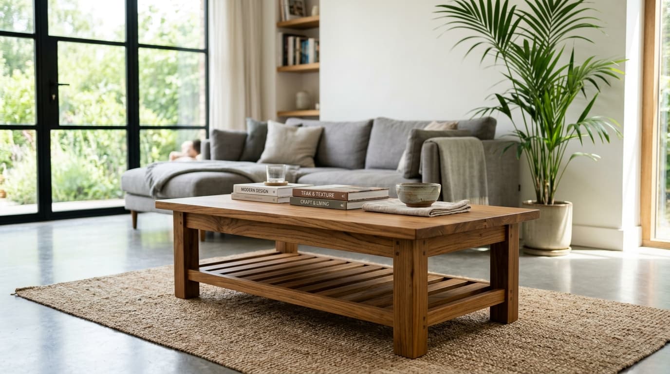 Artisanal teak wood coffee table centerpiece in a bright contemporary living room