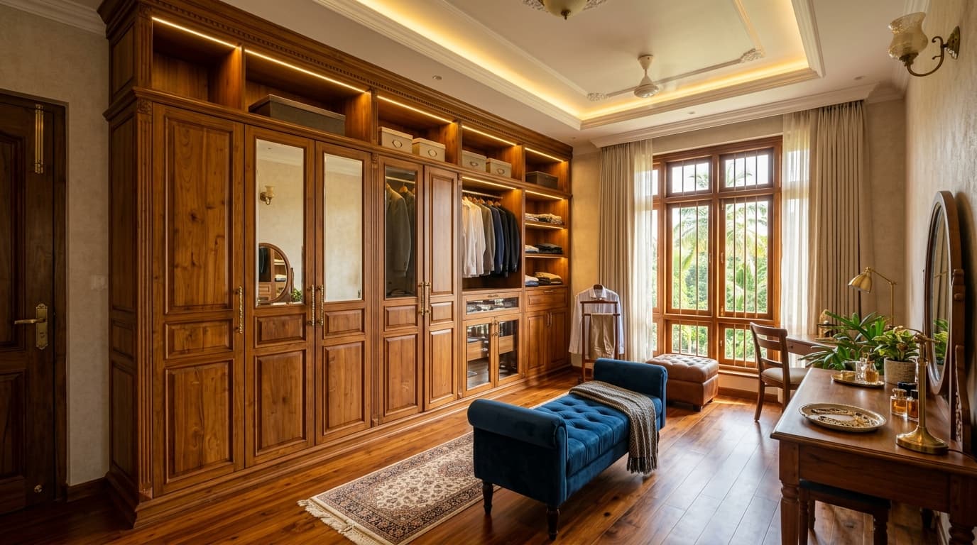 Spacious solid teak wood wardrobe in a luxury South Indian bedroom dressing area