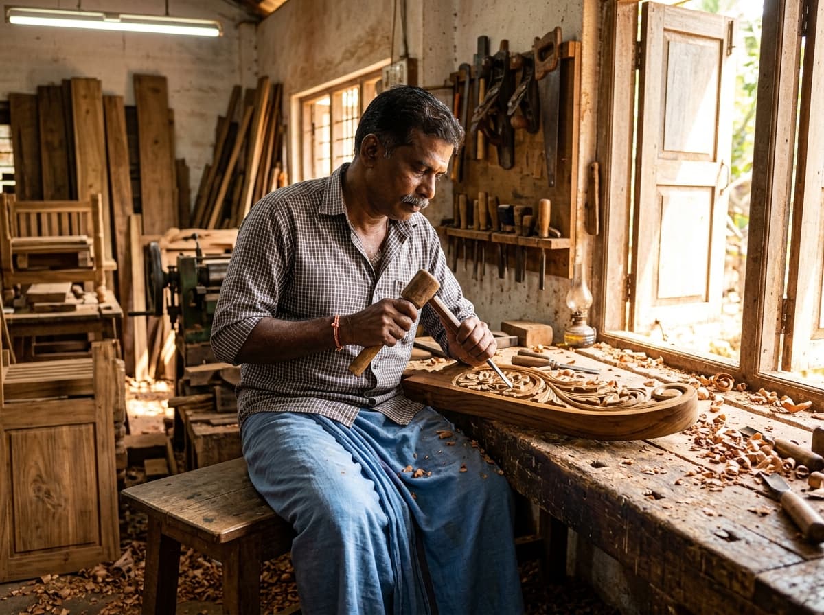 Custom handcrafted solid Nilambur teak wood furniture piece by Kallingal Furniture