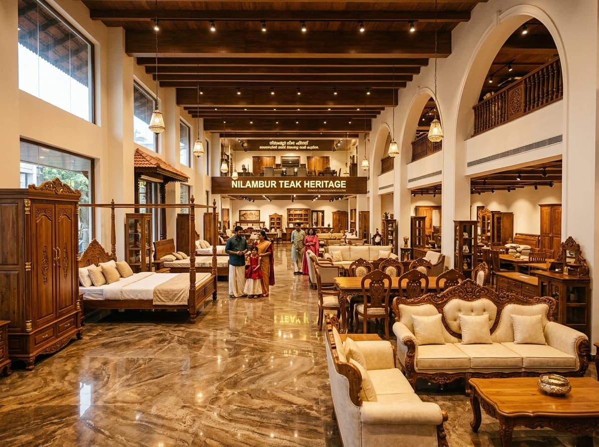 Kallingal Furniture Nilambur Teak Heritage showroom interior displaying handcrafted living and dining sets