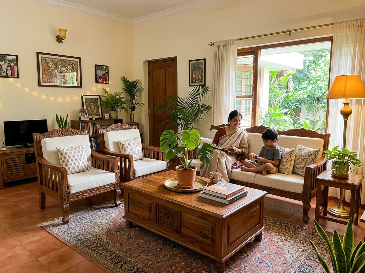 Indian family living room elegantly furnished with handcrafted Nilambur teak wood sofa set and teapoy - Kallingal Furniture