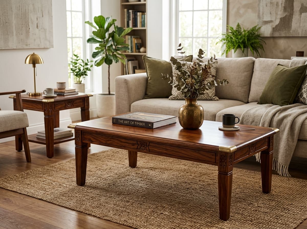 Solid Nilambur teak wood teapoy and coffee table with brass accents - Kallingal Furniture