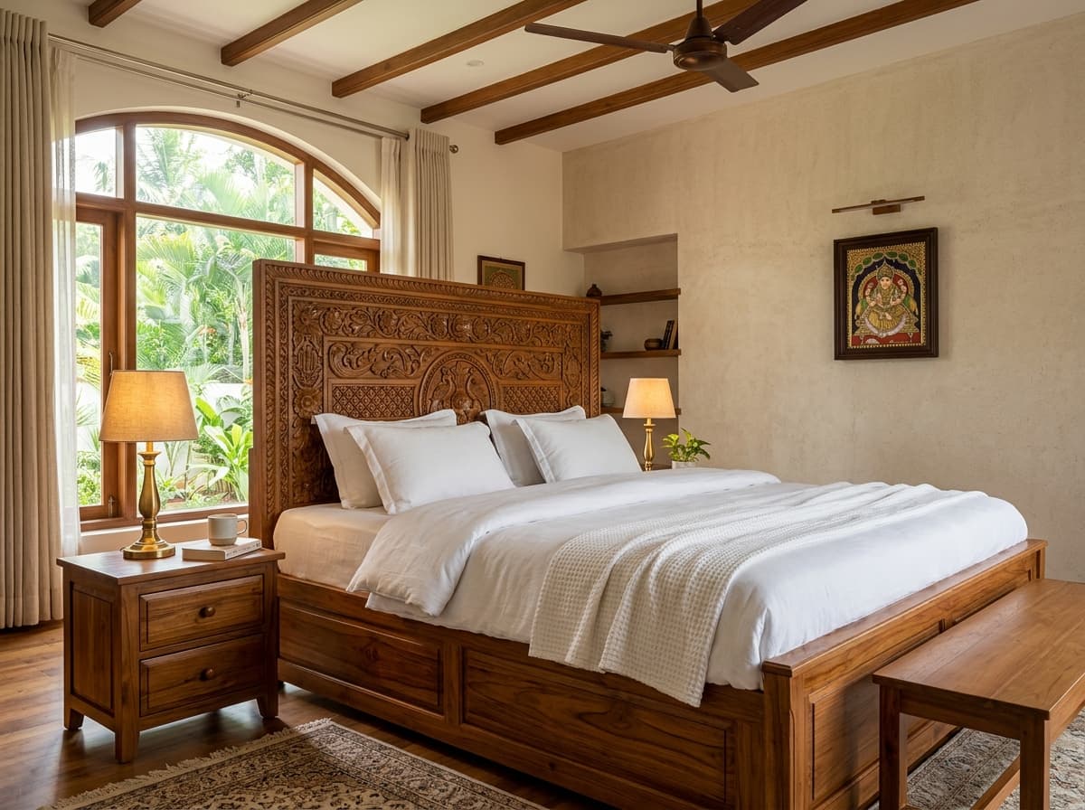 Handcrafted king size solid Nilambur teak wood cot and box bed with carved headboard - Kallingal Furniture