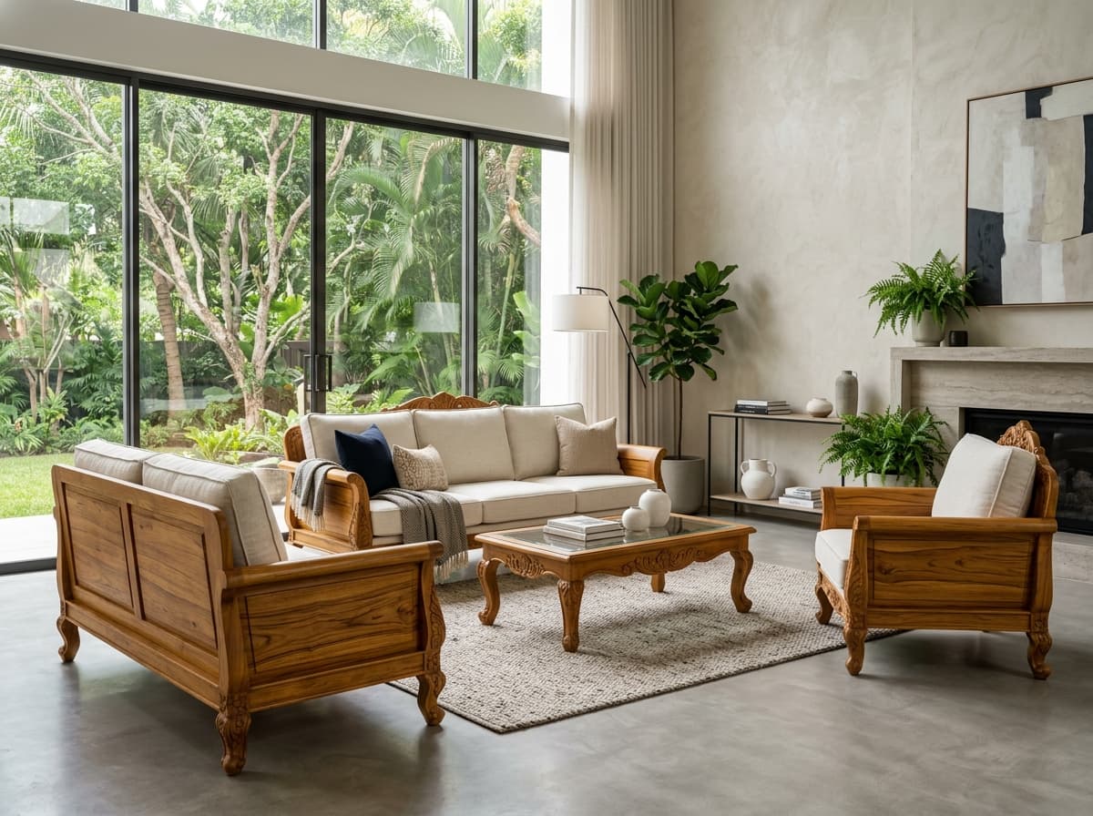 Handcrafted Nilambur teak wood sofa set with off-white cushions in modern living room - Kallingal Furniture