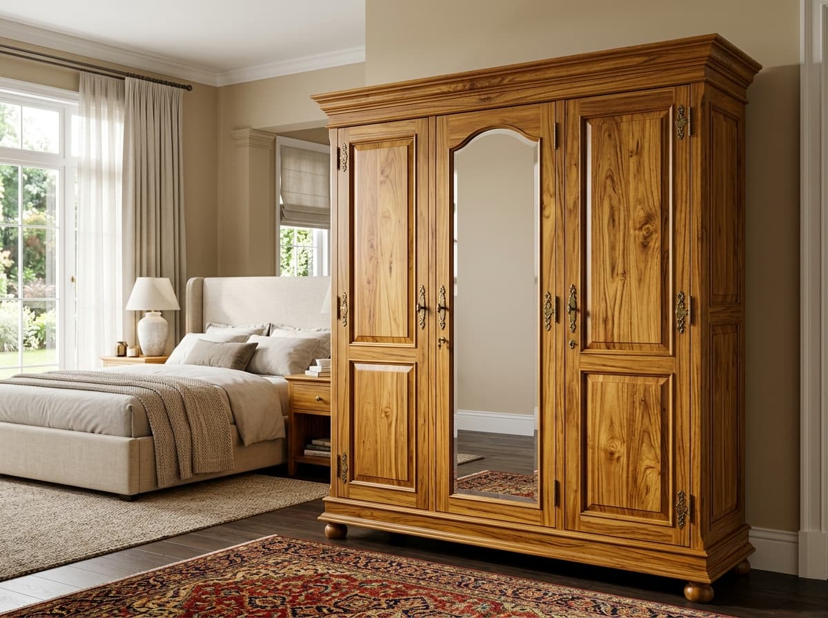 Handcrafted 3-door solid Nilambur teak wood almirah wardrobe with mirror door - Kallingal Furniture